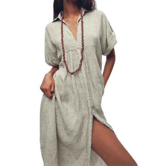 Zara NWT Sage Green Lovina Linen Short Sleeve Button‎ Front Midi Dress Size XXL - Picture 2 of 16